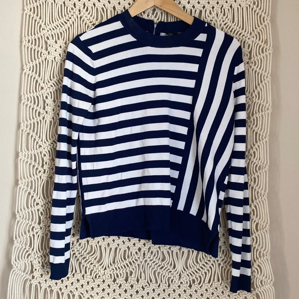 Topshop Asymmetrical  Striped Crew Neck Navy Blue White Crew Neck Sweate…